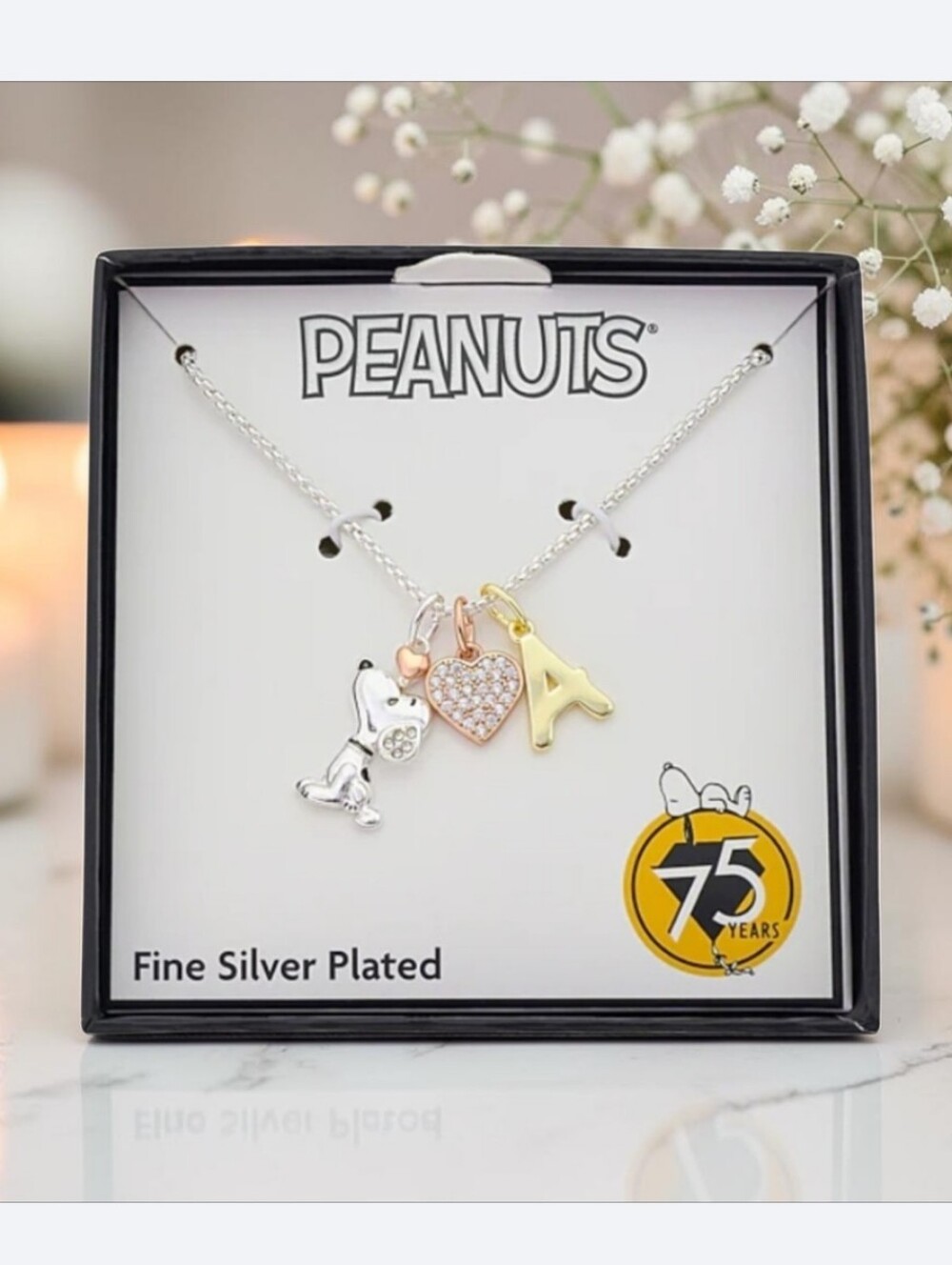 Peanut Snoopy Initial & Charm Necklace - A, Heart & Bow